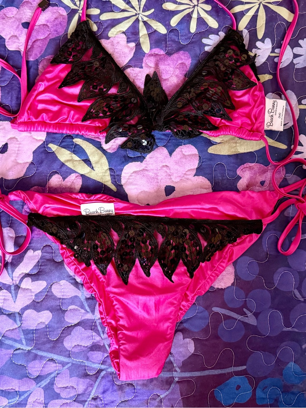 Beach Bunny Hot Pink with black lace Bikini Set